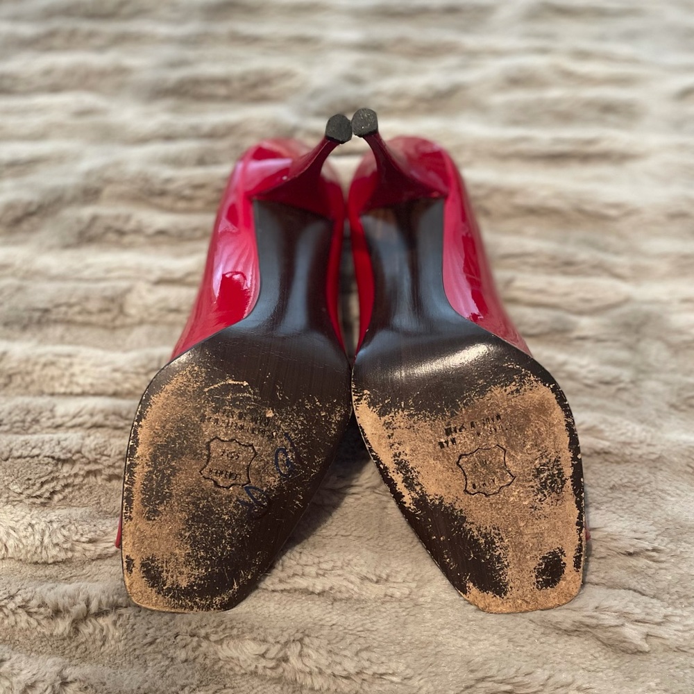 Stuart Weitzman Patent Red Square Peep Toe Heels … - image 8